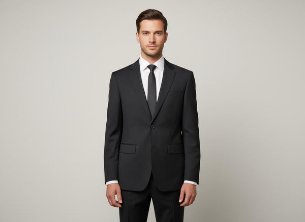 Zwart pak met groen kraagvilt